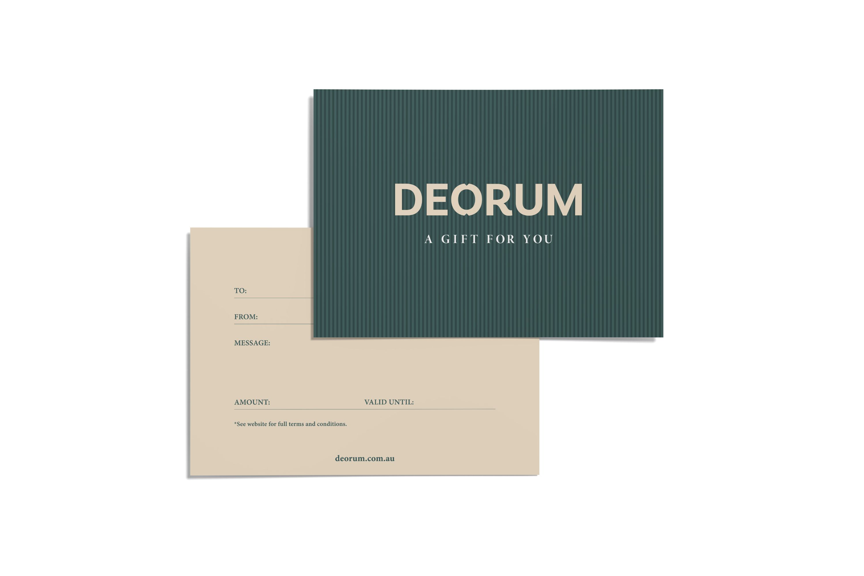 back and front of the luxurious Deorum gift card in petrol colour, the front bears the brand logo, with text that reads "a gift for you"