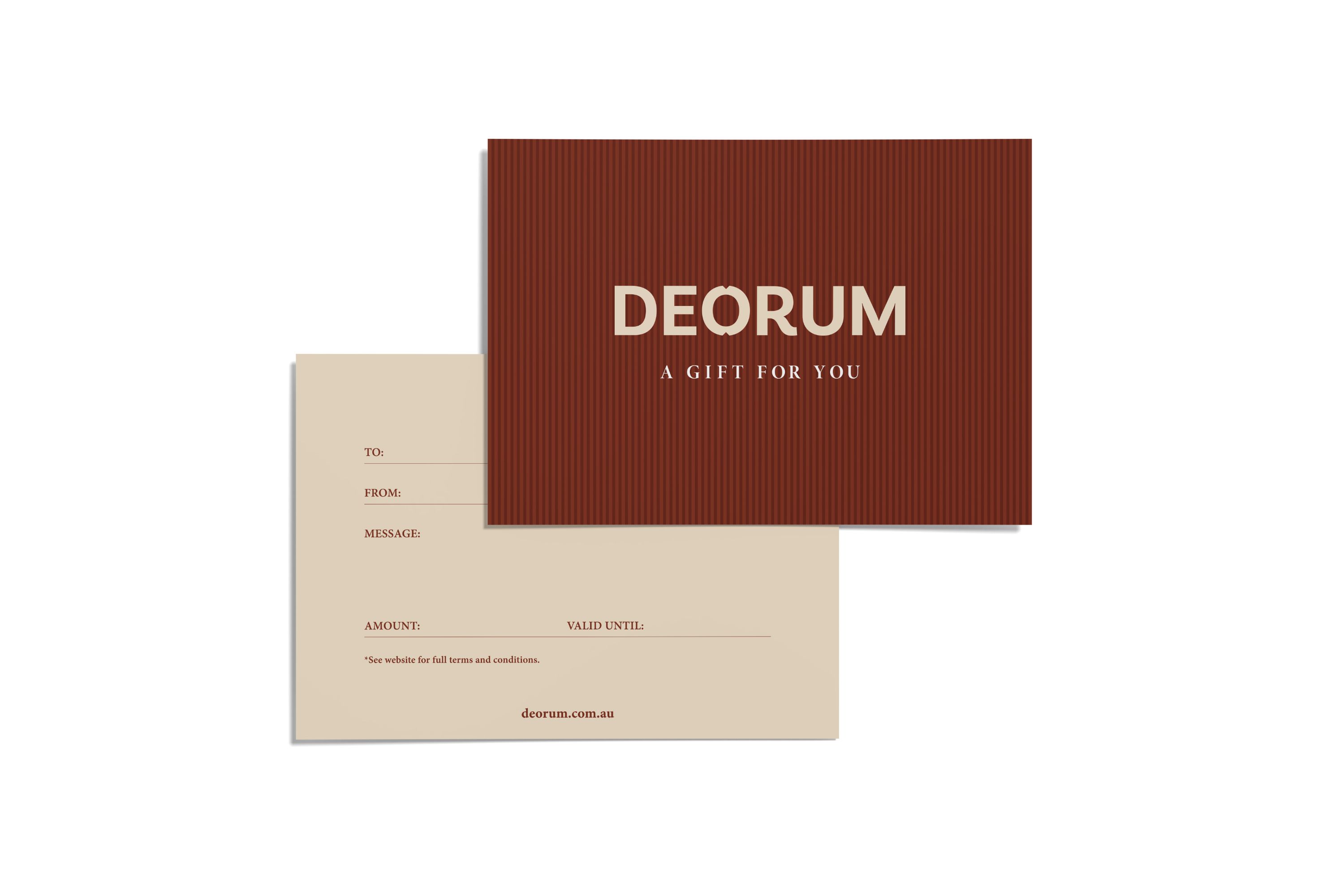 back and front of the luxurious Deorum gift card in vicuna colour, the front bears the brand logo, with text that reads "a gift for you"