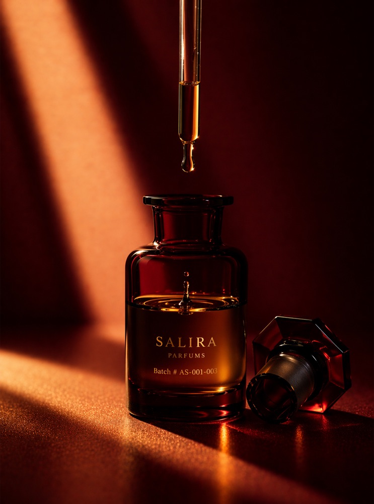 A dark amber Salira bottle on a warm terracotta surface, lit by a diagonal shaft of light, with a glass pipette releasing a golden droplet of fragrance oil above it