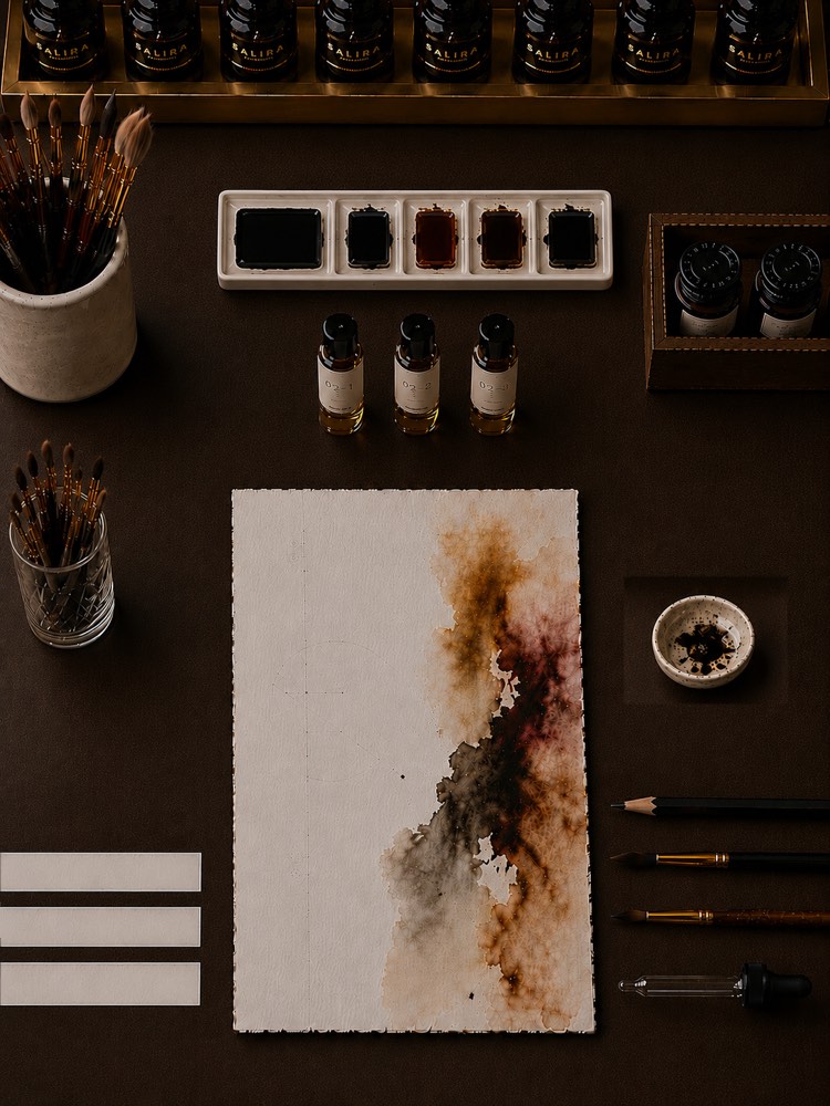 A Salira pigment palette on dark wood — a shelf of Salira bottles above, a five-well tray of coloured pigment, three numbered sample vials, calligraphy brushes, and a sheet of handmade paper marbled with a bloom of brown, rust and ink