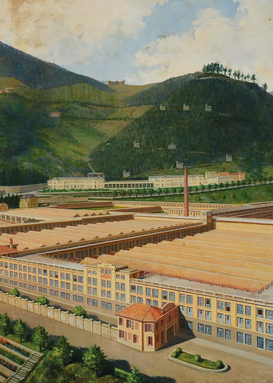 a vibrant painting of the mill building amongst the green hills and scenery